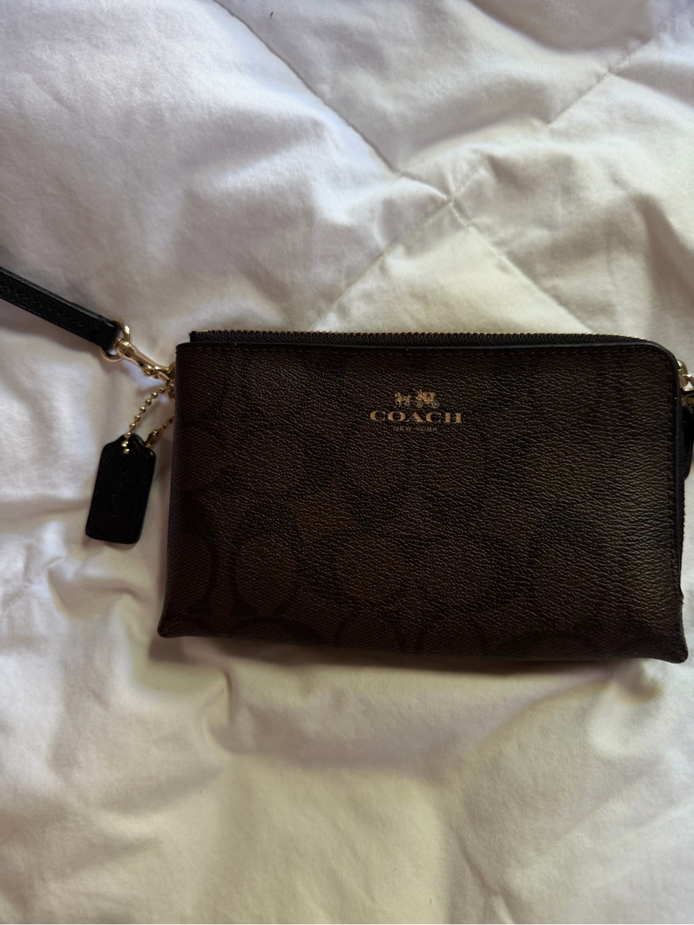 Coach Dark Brown Signature Wristlet with Gold Logo